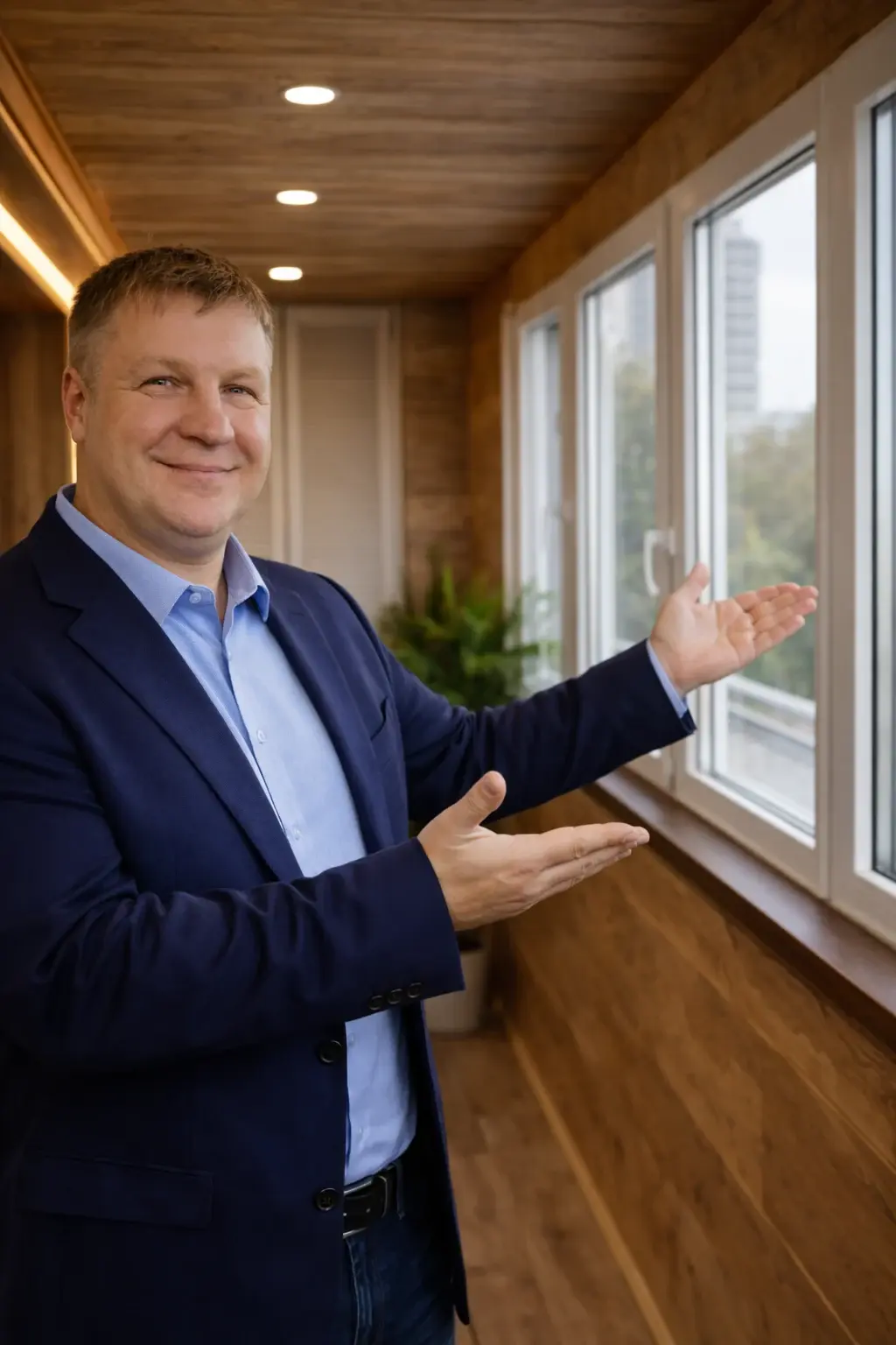 Имя основателя на балконе показывает большой палец вверх