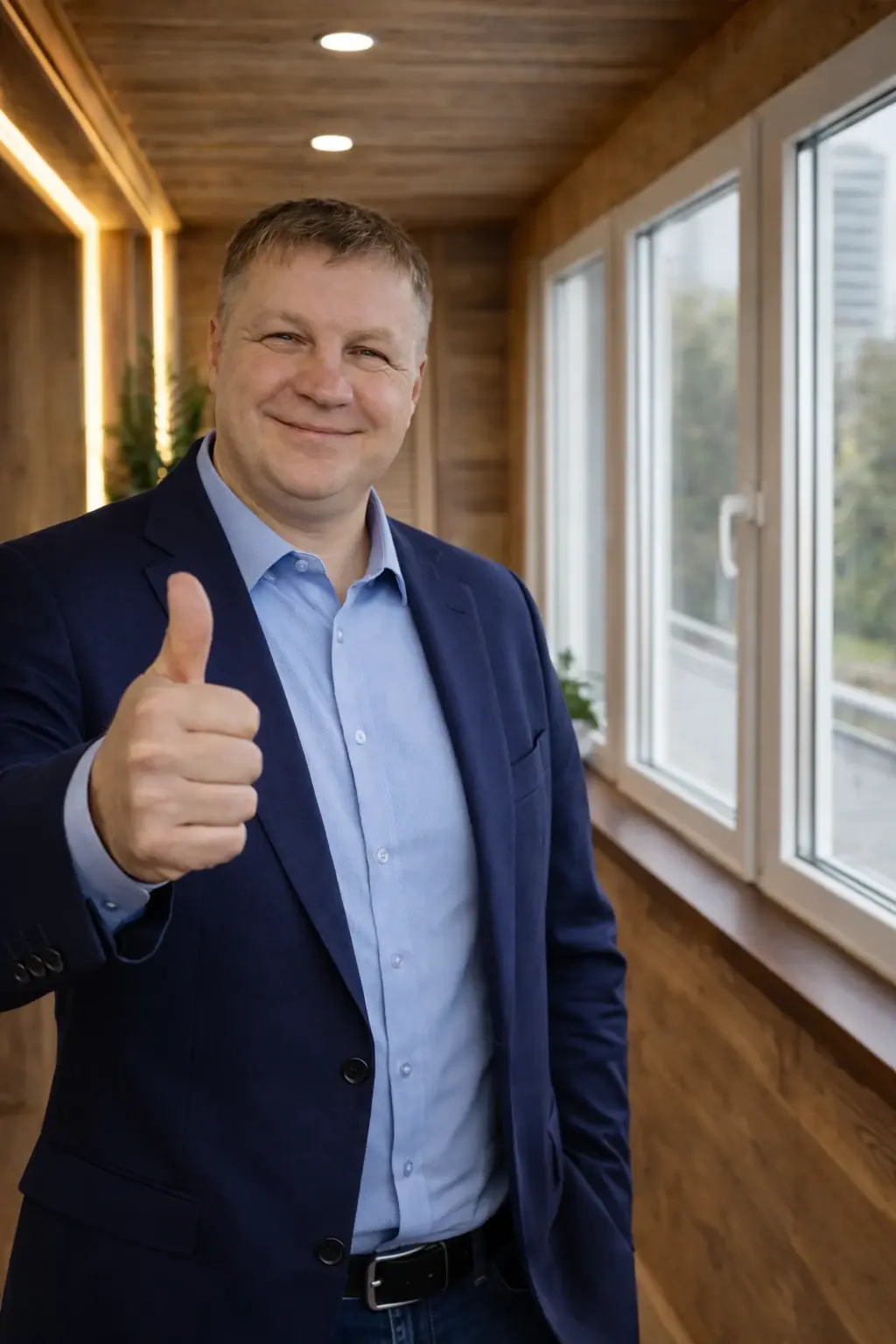 Имя основателя на балконе показывает большой палец вверх